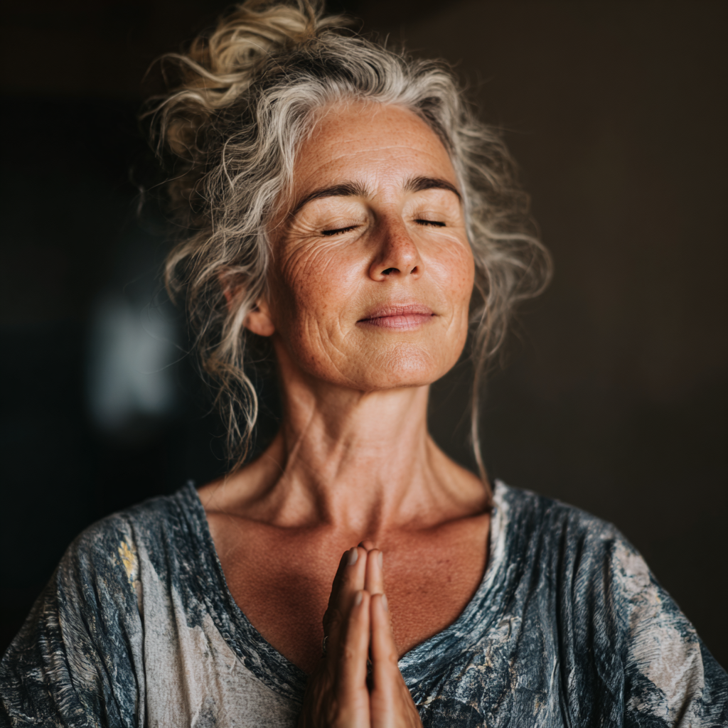 Middle-aged woman experiencing peace and balance through yoga practice