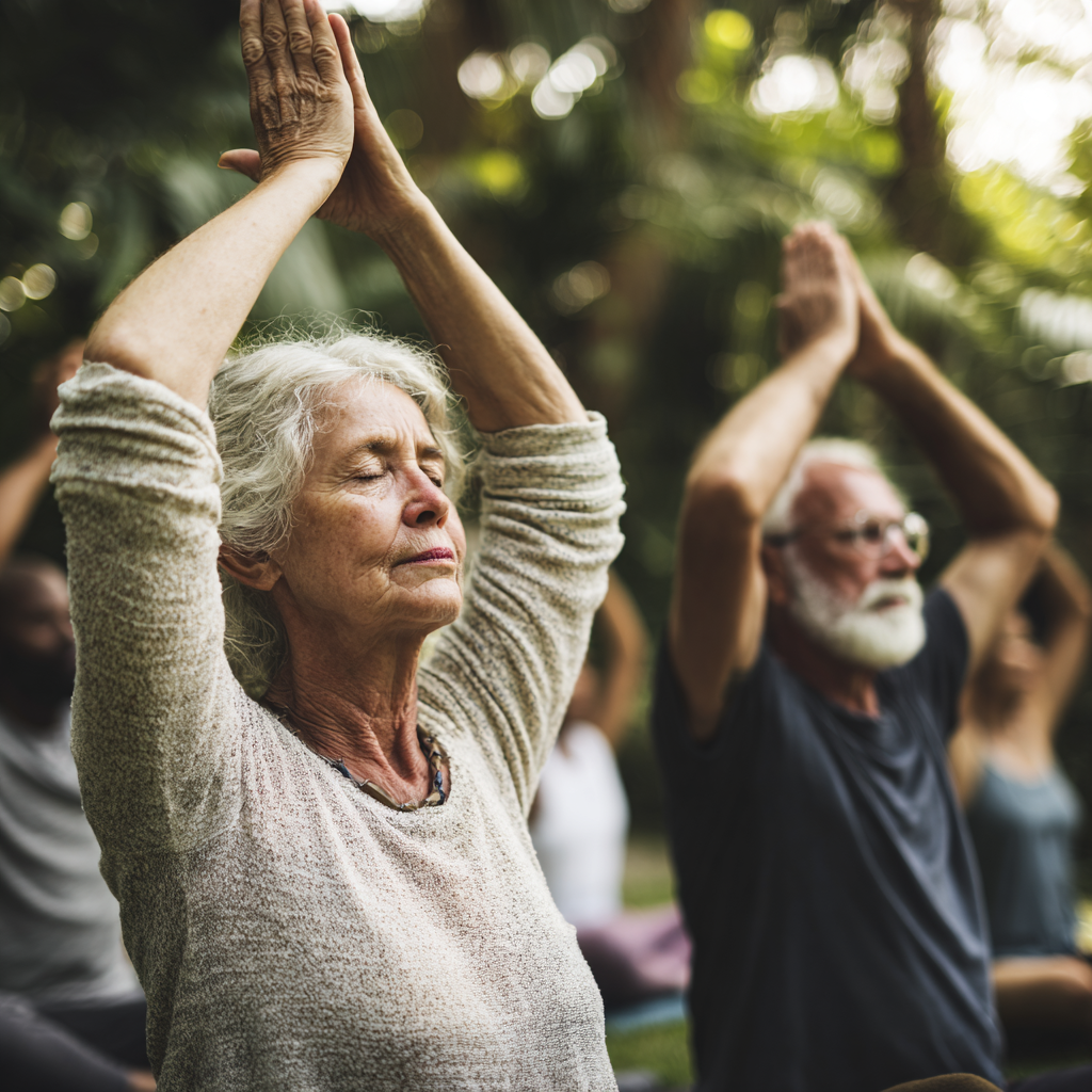 Senior adults practicing mindful yoga poses in natural outdoor setting